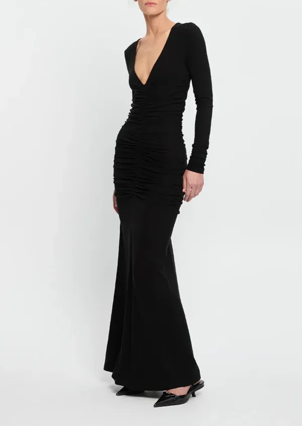 V-NECK LONG SLEEVE MIDI DRESS