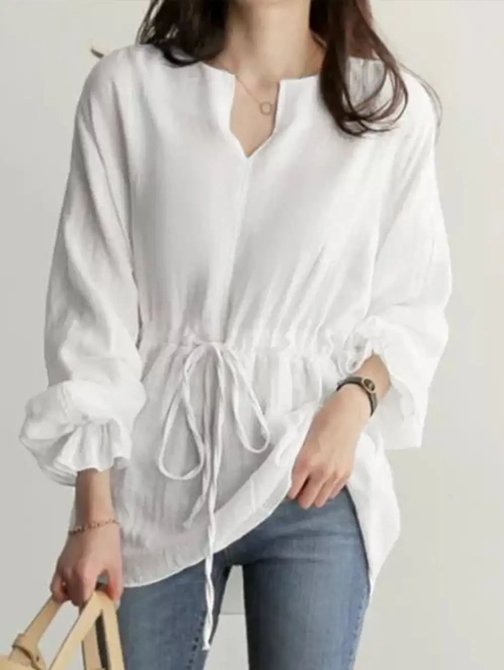 Long-Sleeved V-Neck Shirt Drawstring Waist
