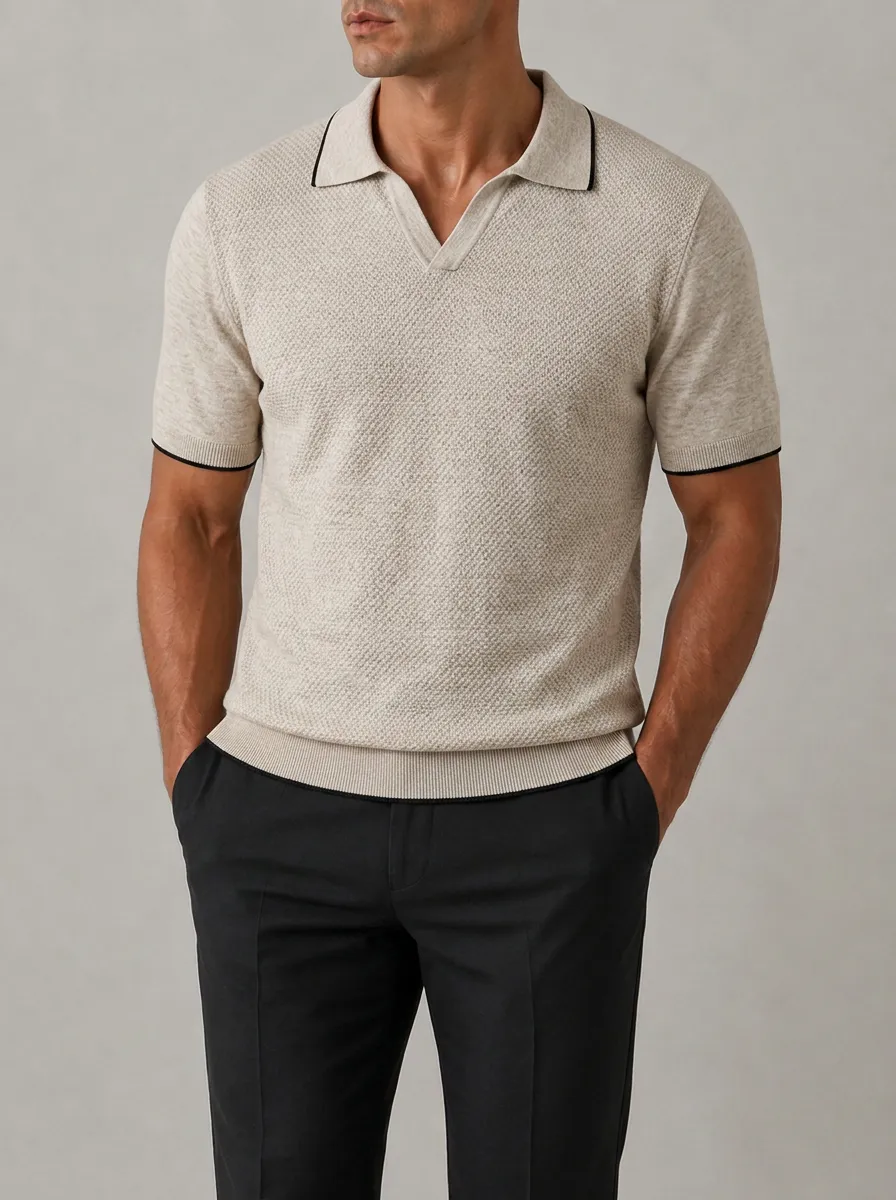 Men's Casual Minimalist Textured V-Neck Knit Polo Shirt