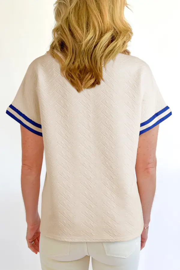 Beige Preppy Striped Trim Textured Quarter Zipper Colorblock Short Sleeve Top