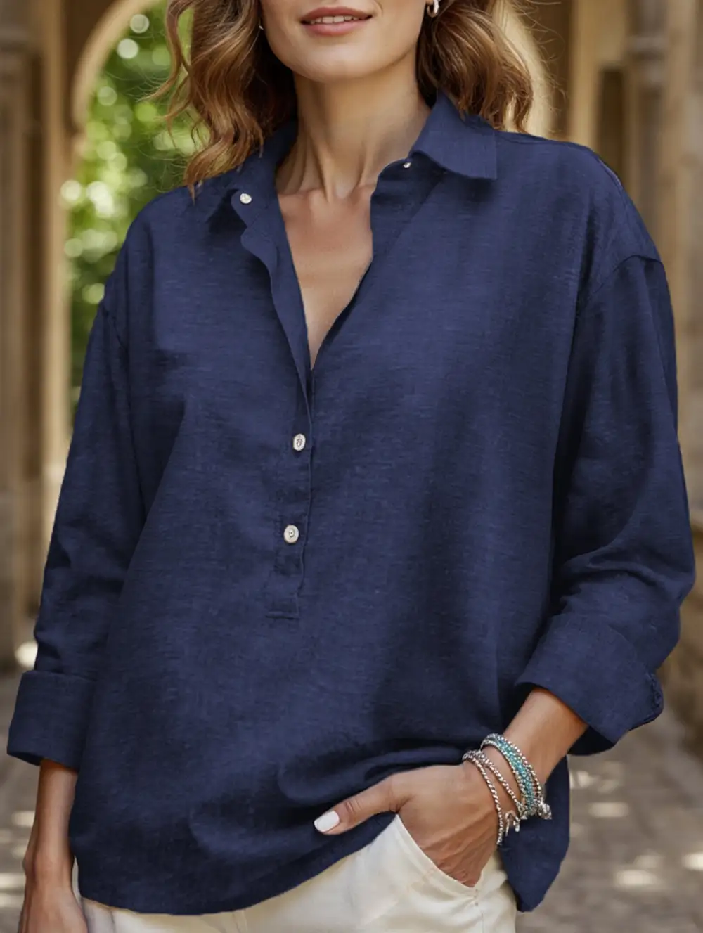 Button Detail Loose Long-Sleeved Shirt