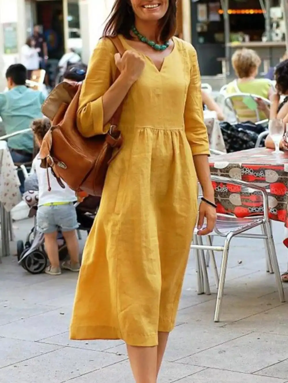 Notched Neck Three Quarter Sleeve Pocketed Midi Dress