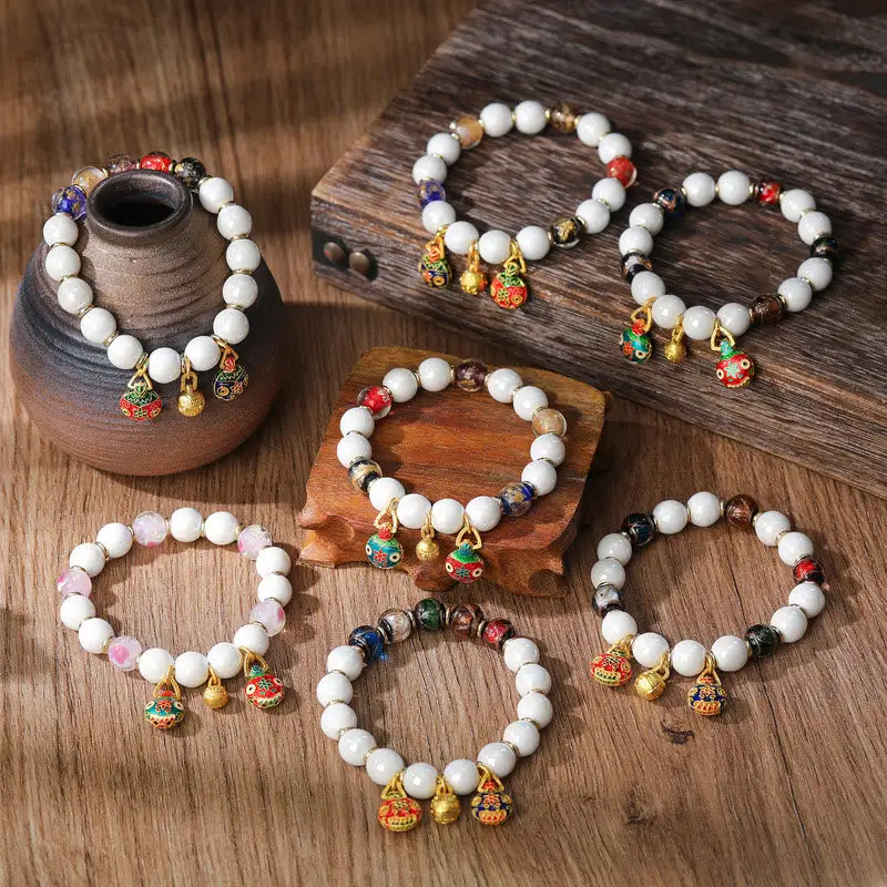 Swallowing Beast Family Charm Liuli Glass Porcelain Bracelet