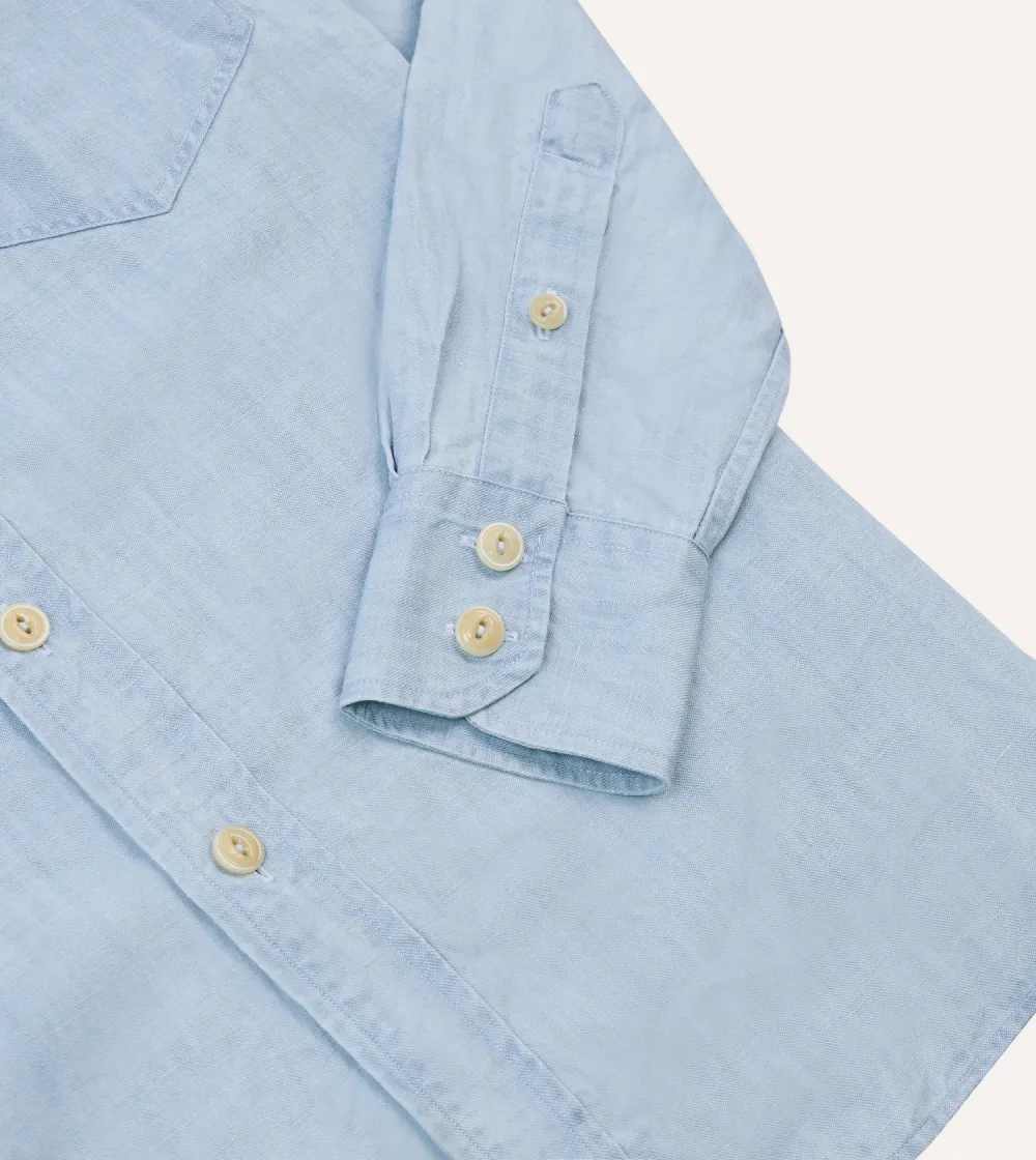 Bleach Wash Cotton-Linen Long Point Collar Work Shirt Casual Style