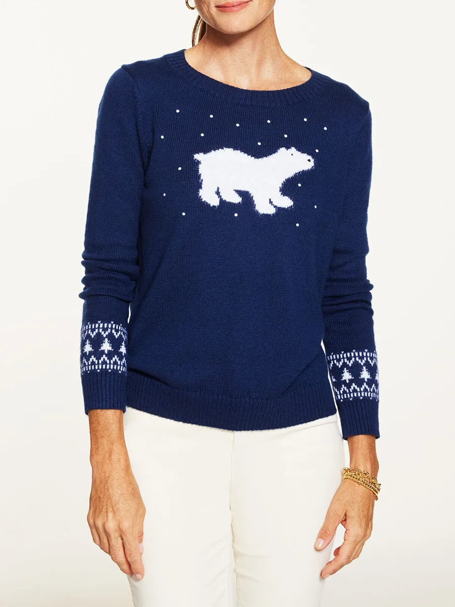Lady'S Cute Polar Bear Pattern Crew Neck Knitted Sweater
