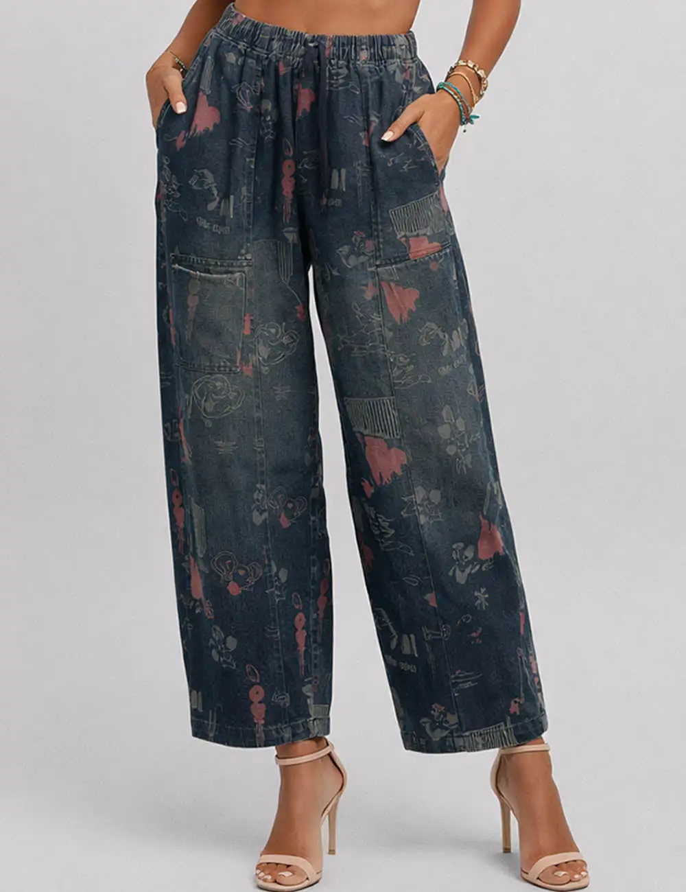 Graphic Print Elastic Waist Barrel Leg Denim Pants