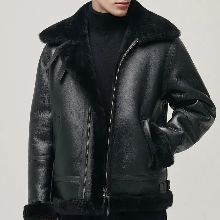 Faux Fur Lined Aviator Leather Jacket