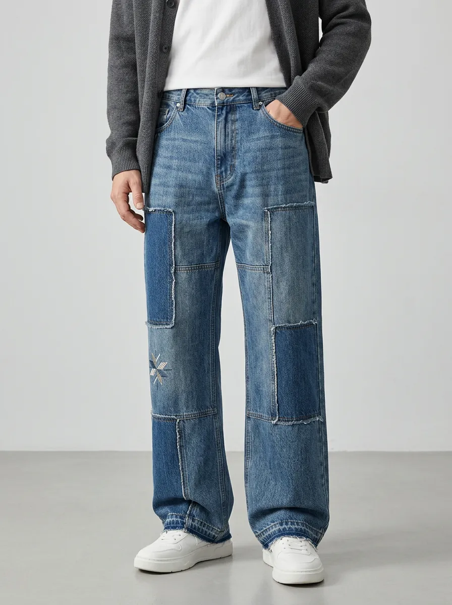 Wide Leg Patchwork Star Graphic Vintage-Inspired Men's Loose Fit Jeans