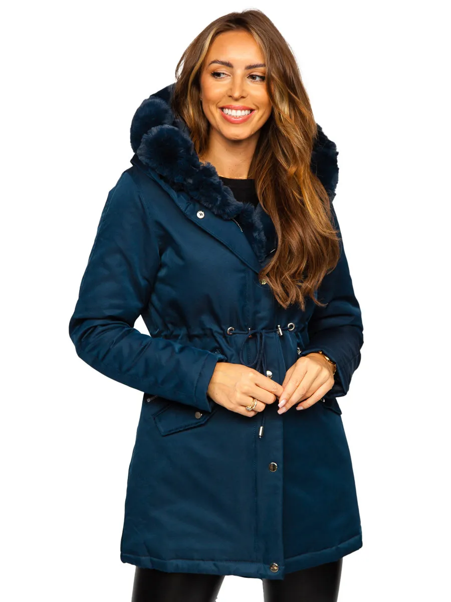 Dark blue women's winter parka with hood