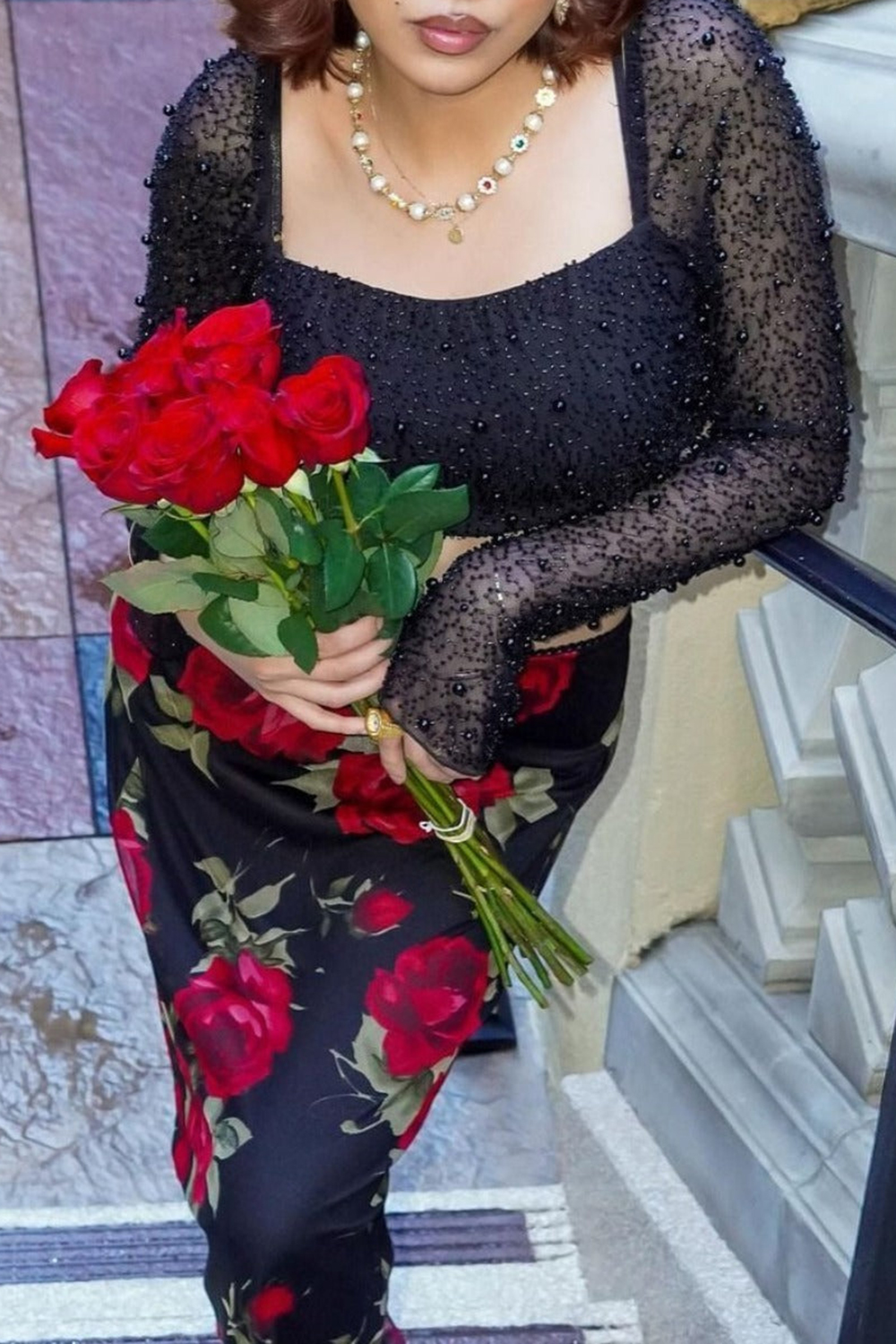 Black Beaded Long Sleeve Crop Top