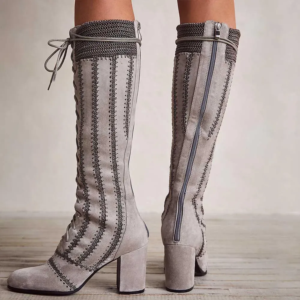 Faux-Suede Lace-Up Round-Toe Chunky-Heel Knee-High Boots