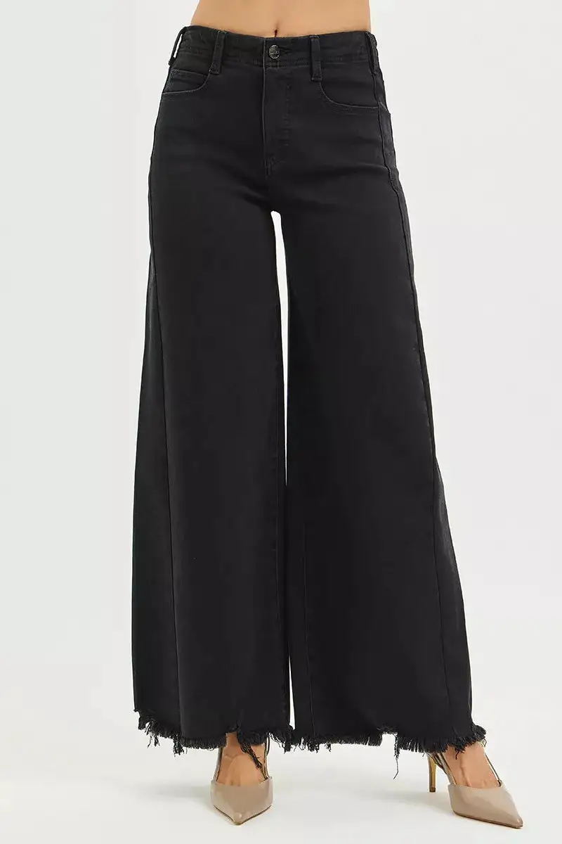 High Rise Frayed Hem Wide Leg Jeans