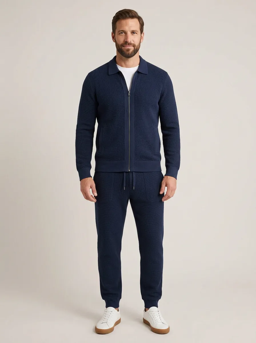 Men's Waffle Textured Zip-Up Polo Collar Jacket and Jogger Pants Set