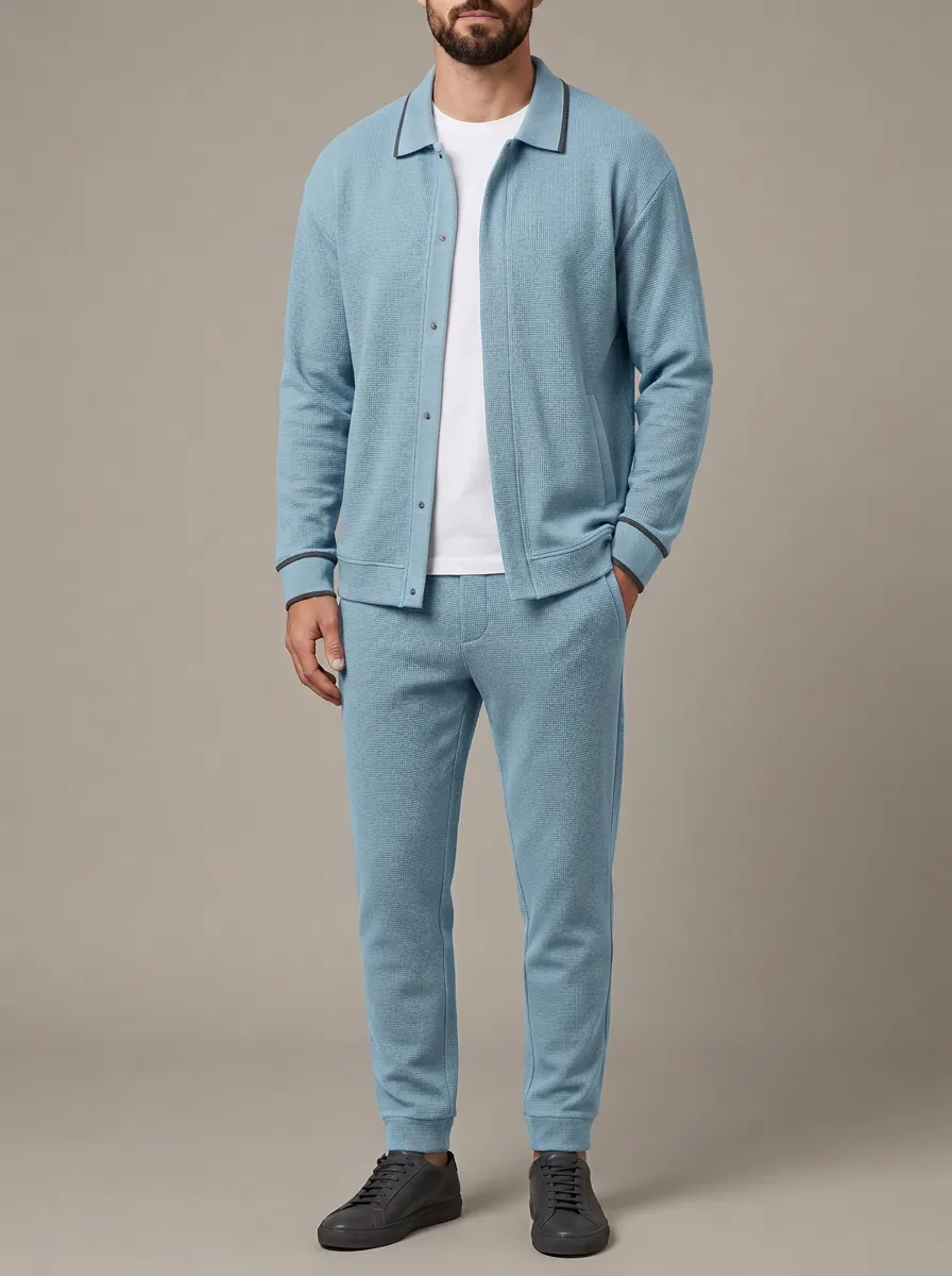 Men's Refined Waffle Textured Polo Collar Jacket and Jogger Pants Set