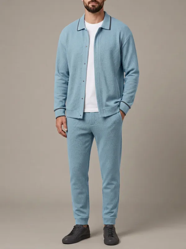 Men's Refined Waffle Textured Polo Collar Jacket and Jogger Pants Set