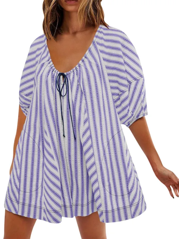 Short Sleeved Striped Jumpsuit Slim Loose Shorts