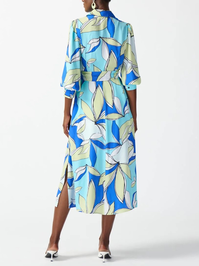 Blue and White Leaf Print Shirt Dress