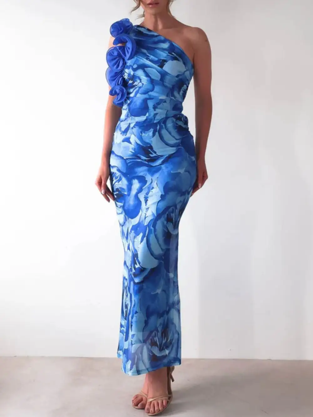 Floral Print One Shoulder Maxi Dress