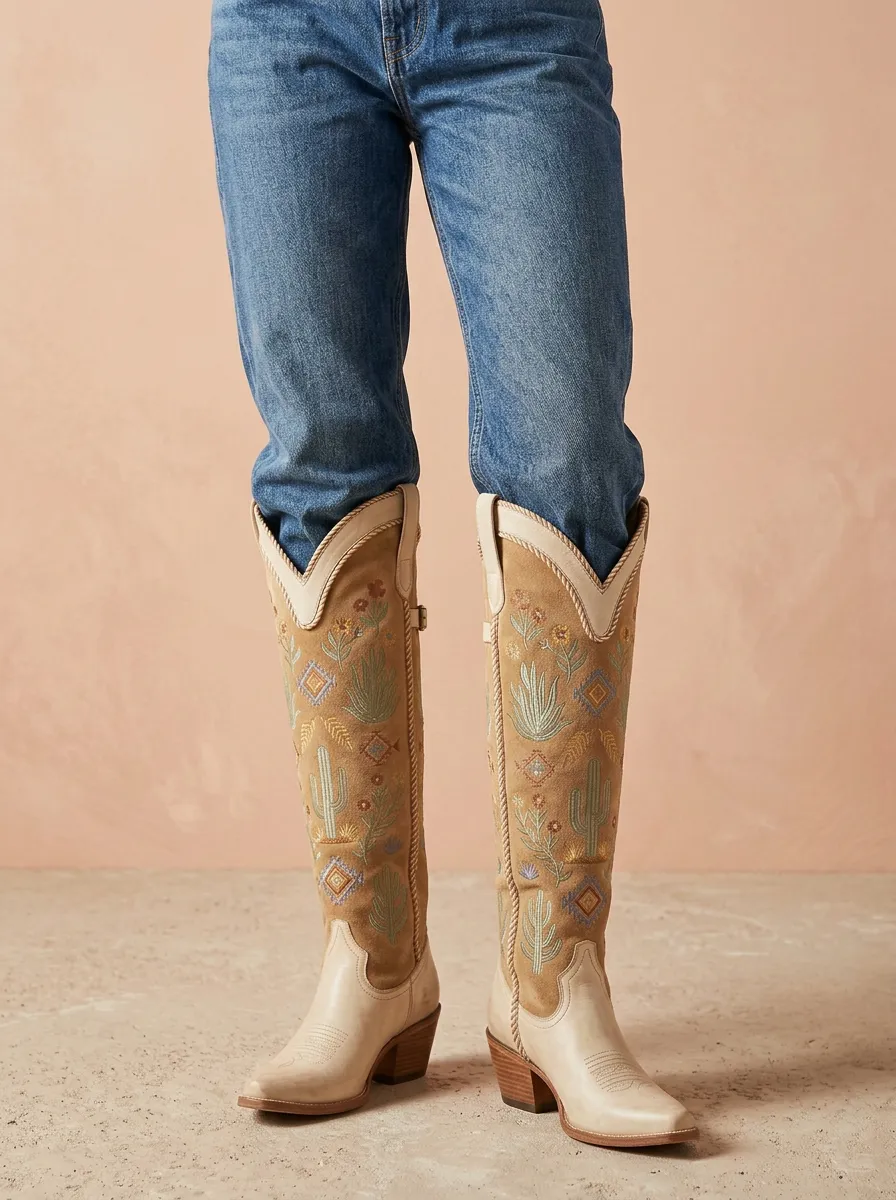 Women's Western Cactus Floral Wing Geometric Embroidered Braided Denim Over-the-Knee Boots