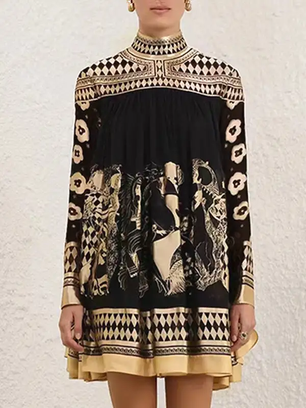 A Line Long Sleeve Bronzing Printed Split Joint Mock Neck Mini
