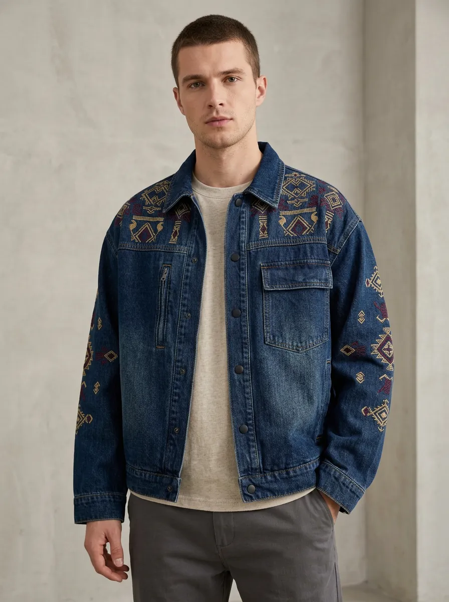 Men's Embroidered Tribal Denim Jacket