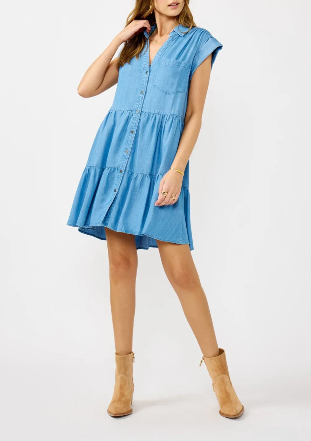 Tiered Button Up Cap Sleeve Dress