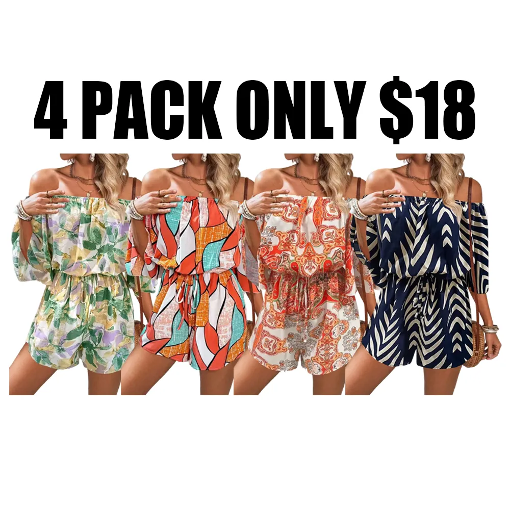 Women's Leaf Print Off-Shoulder Tie Jumpsuit