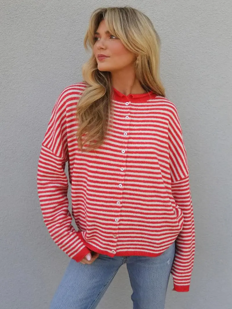 Women's Striped Casual Long Sleeve Loose Knit Sweater, Lightweight Fall & Winter Fashion, Button Front Open Front Design