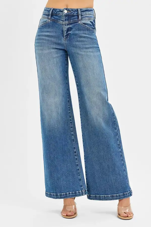 High Rise Heart Pocket Yoke Detail Wide Leg Jeans