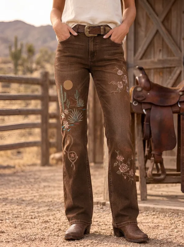 Women's Western Cactus Desert Floral Embroidery Floral Embroidered Jeans