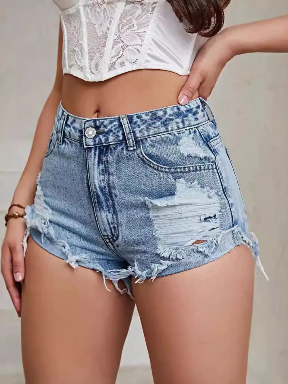 Textured Distressed Raw Hem Denim Shorts