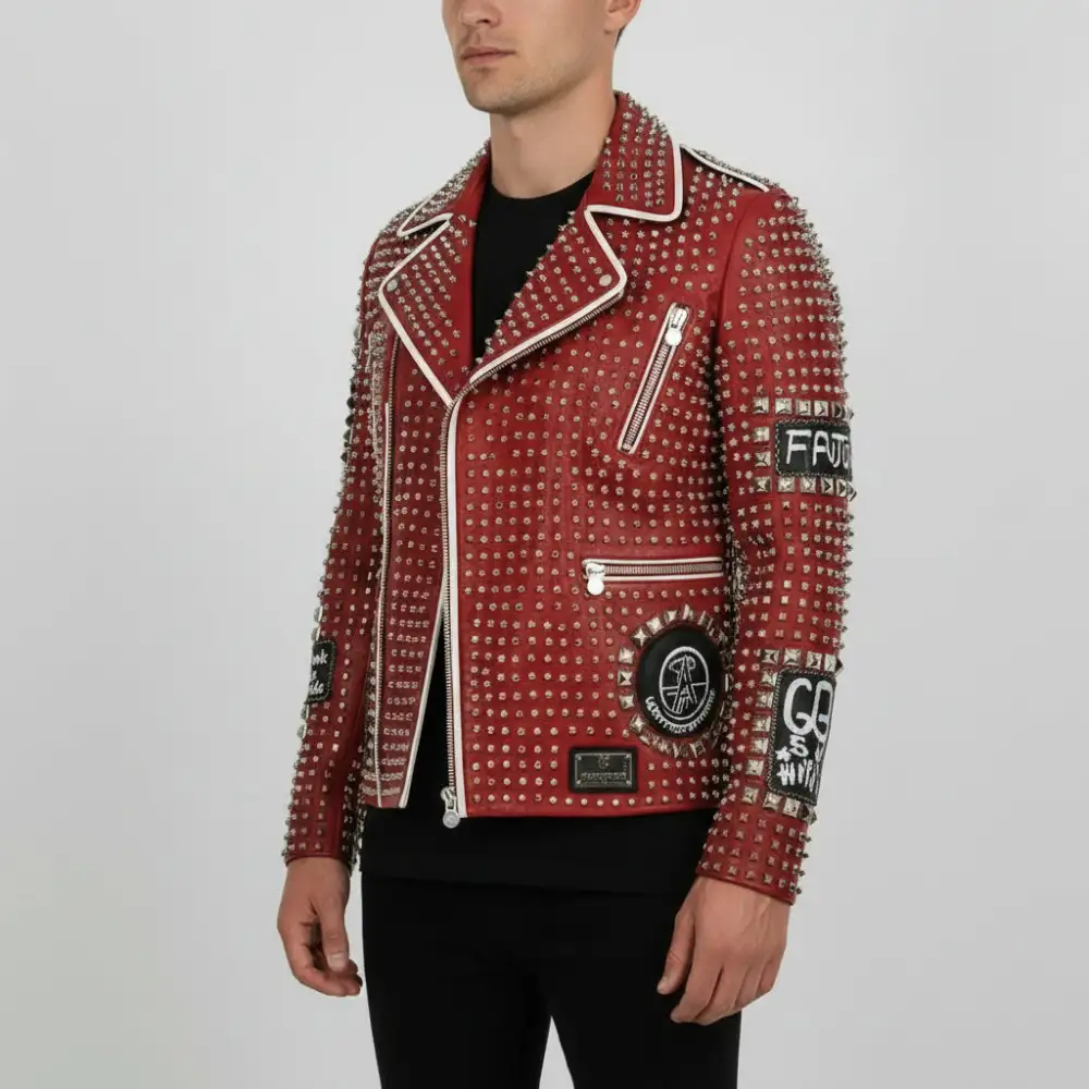 Polished Leather Biker Motorcycle Studded Jacket