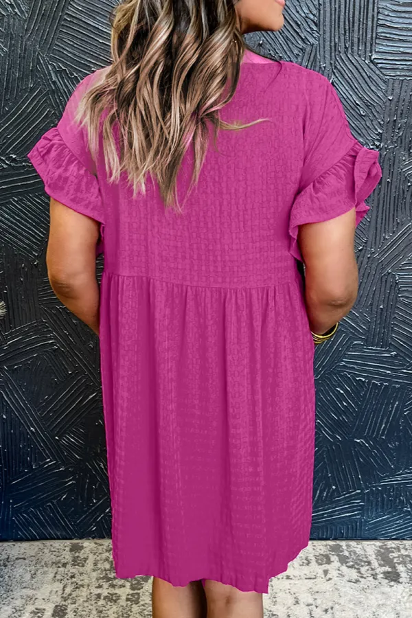 Textured Ruffle Trim Short Sleeve Mini Dress