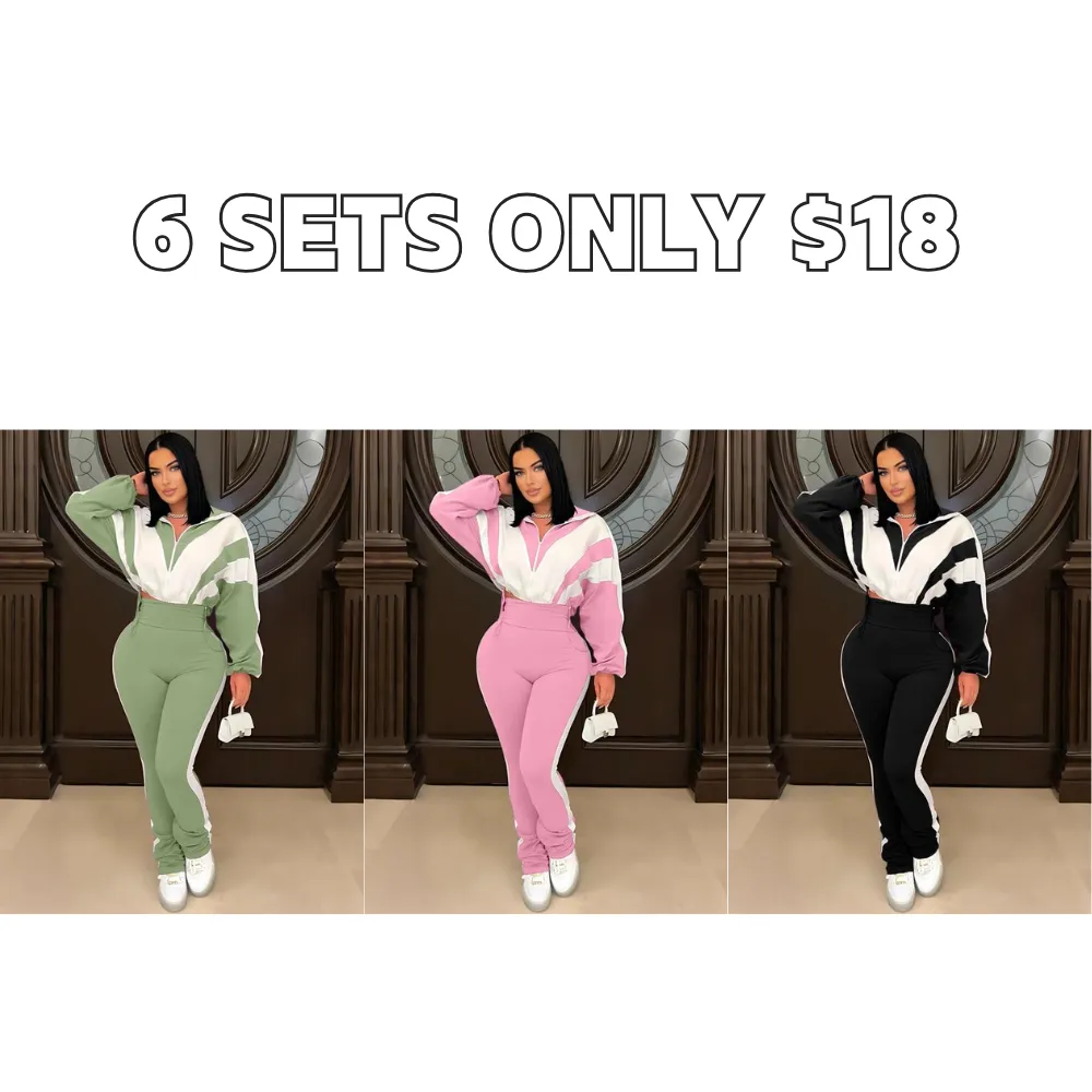 Womens Sweatsuits 2 Piece Set Contrast Color Long Sleeve Zip Up Cropped Jacket Leggings Pants Jogger Track Suits