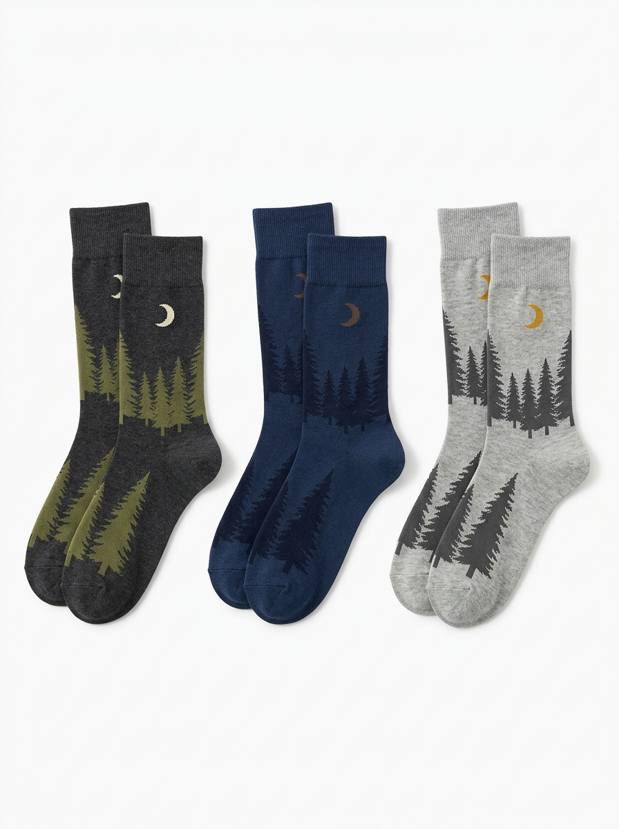 Men's Three-Pair Forest Moon Graphic Crew Sock Set