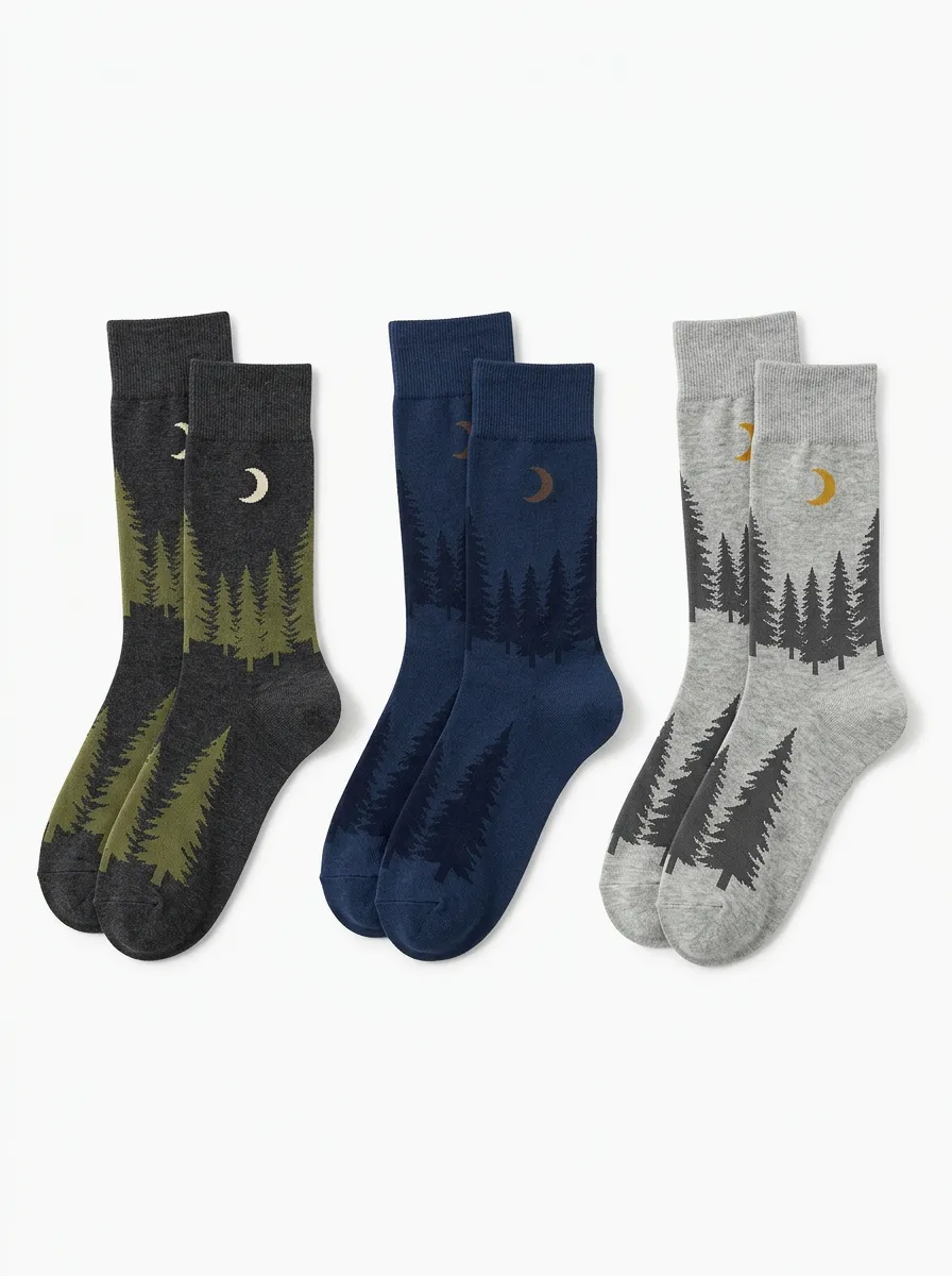 Men's Three-Pair Forest Moon Graphic Crew Sock Set