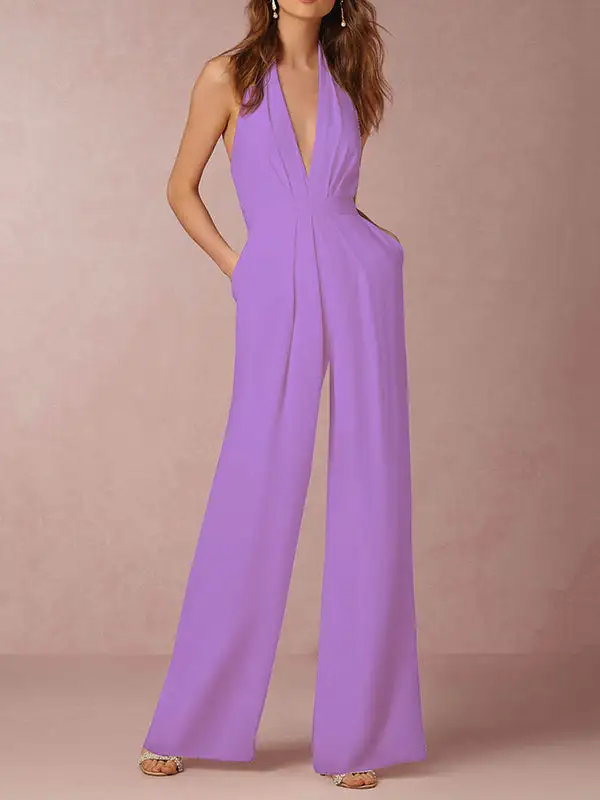 Mouwloze Jumpsuits Met Wijde Pijpen Rugloze Effen Kleur