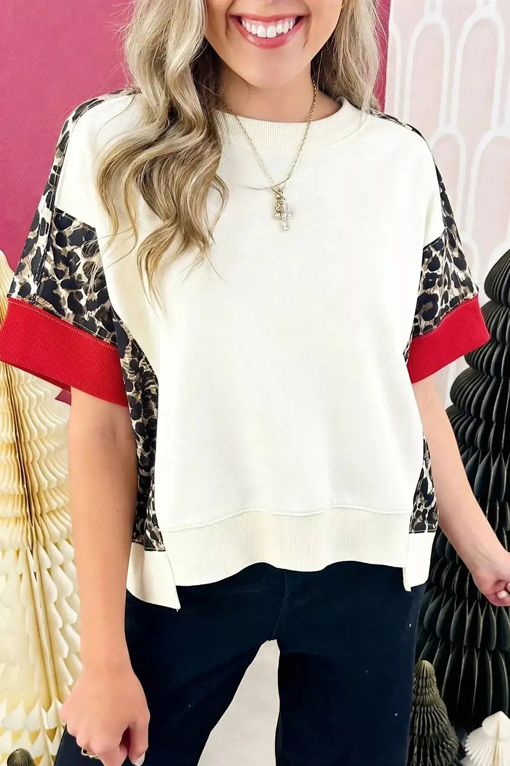 Leopard Block Patchwork Uneven Hem Short Sleeve Top