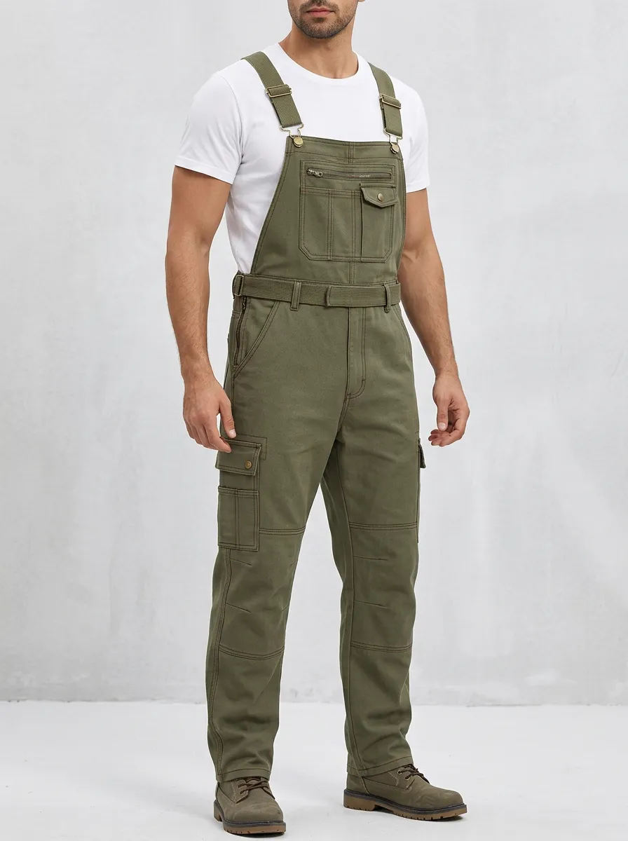 Men's Casual Utility Olive Green Cargo Bib Overalls