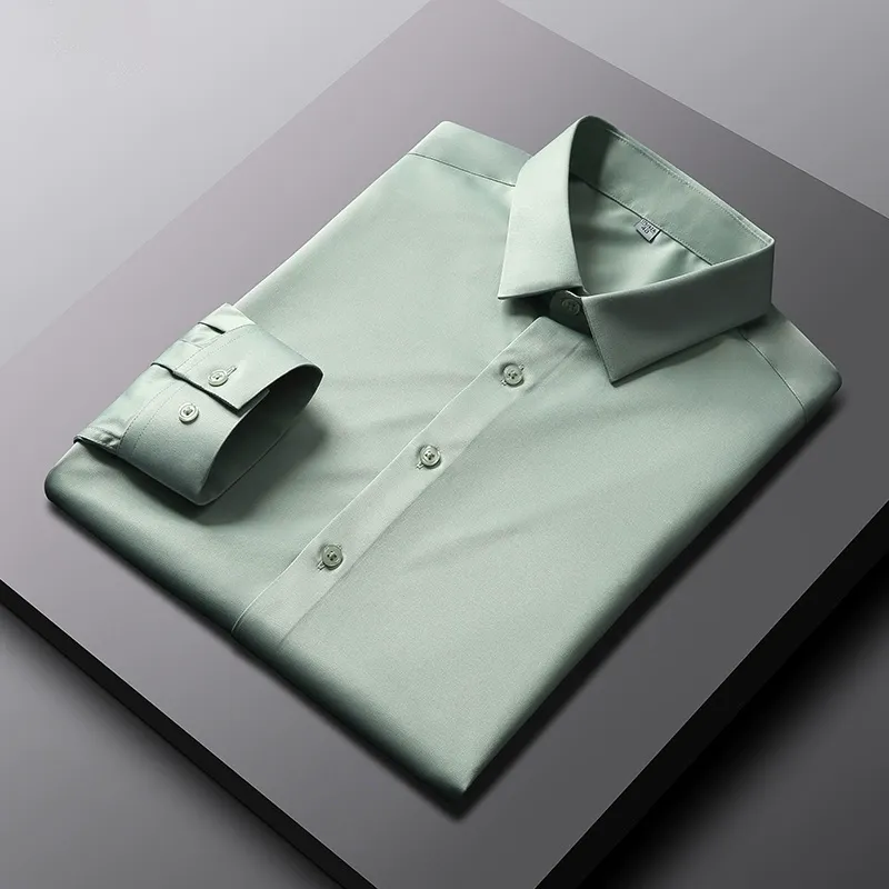 2025 New Elastic Silk White Shirt Men'S Long Sleeve Iron-Free Solid Color Breathable Casual Slim Business Men'S Shirt