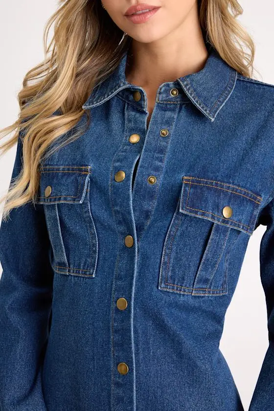 Amita Medium Wash Button-Front Bell Sleeve Mini Dress