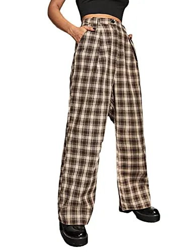 Women's Tartan Plaid Mid Waist Straight Pants