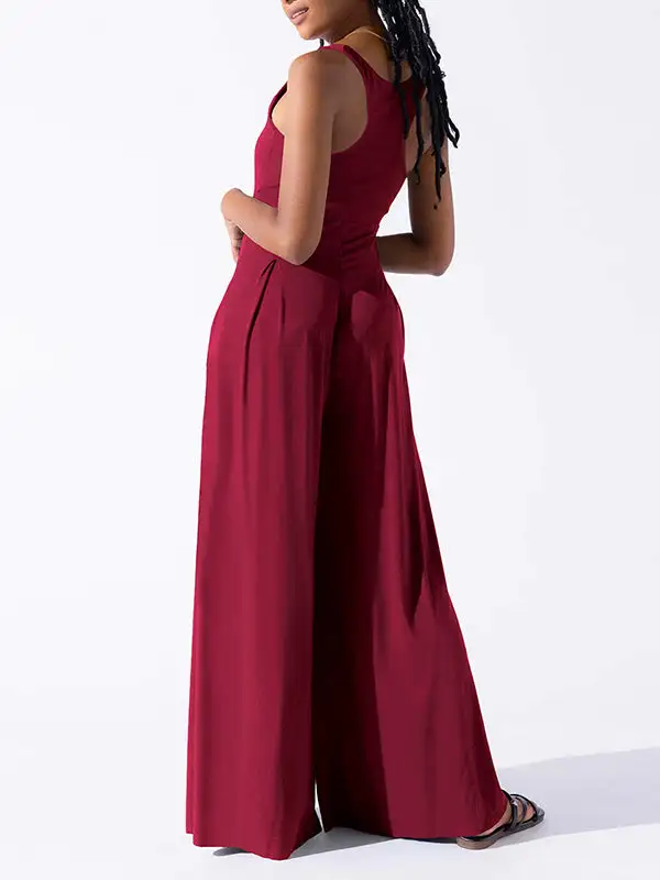 Losse Mouwloze Geplooide Effen Jumpsuits Met Spaghetti Hals