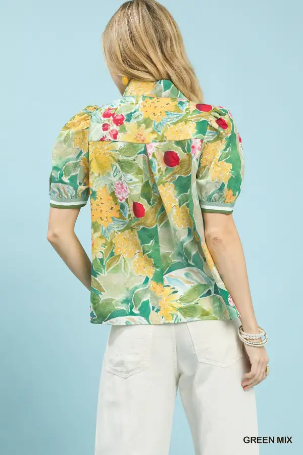Jacquard Bloomscape Print V-Neck Top With Ruched Detail