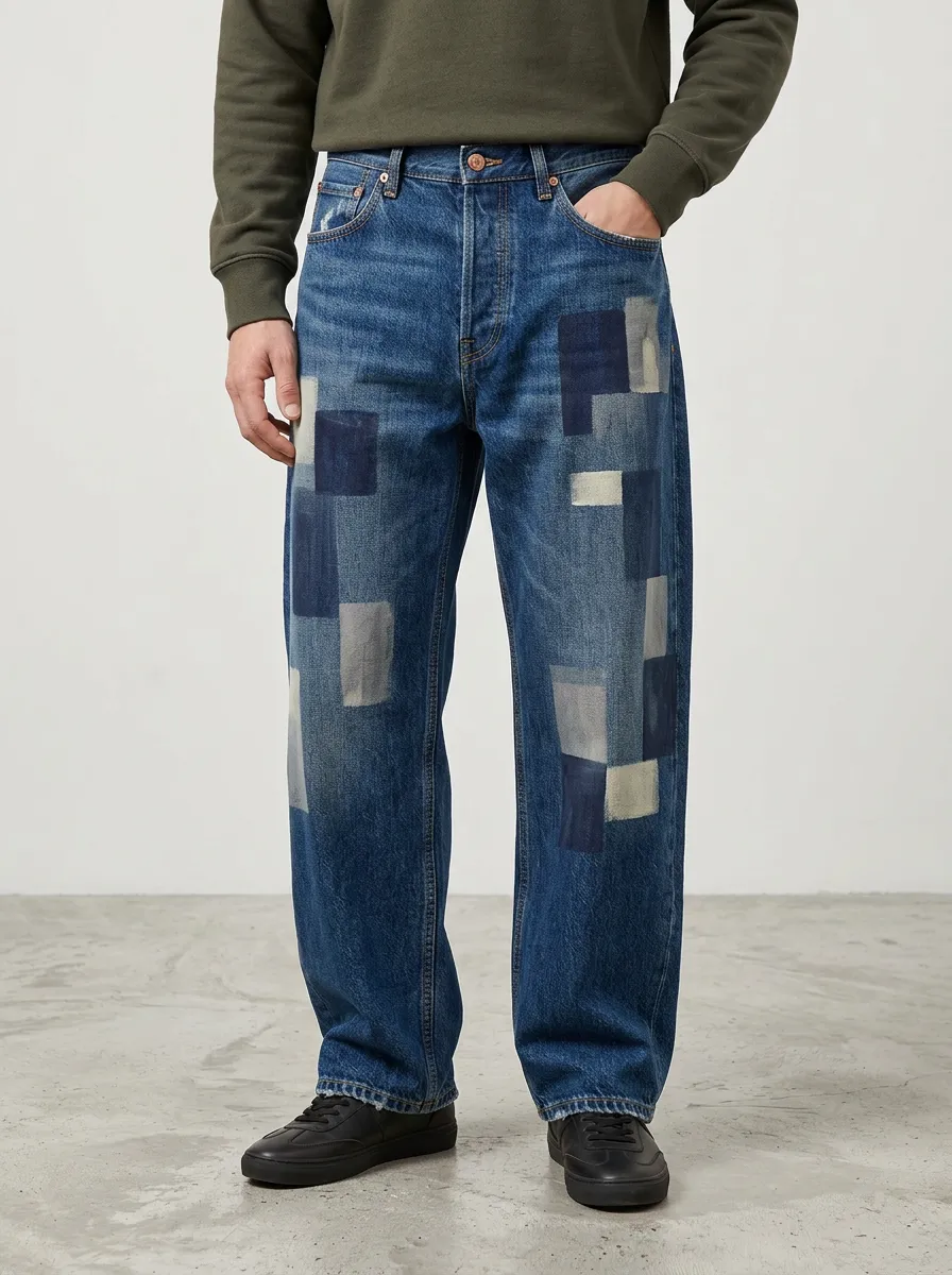 Wide Leg Patchwork Vintage-Inspired Men's Loose Fit Jeans