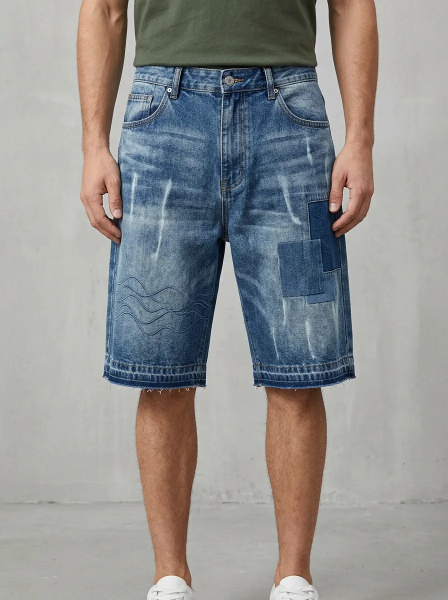 Men's Wave Patchwork Distressed Raw Hem Distressed Denim Shorts