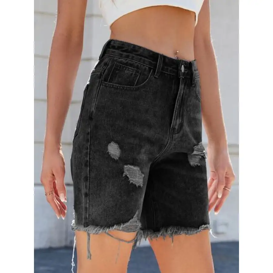 Versatile Distressed Raw Hem Denim Shorts