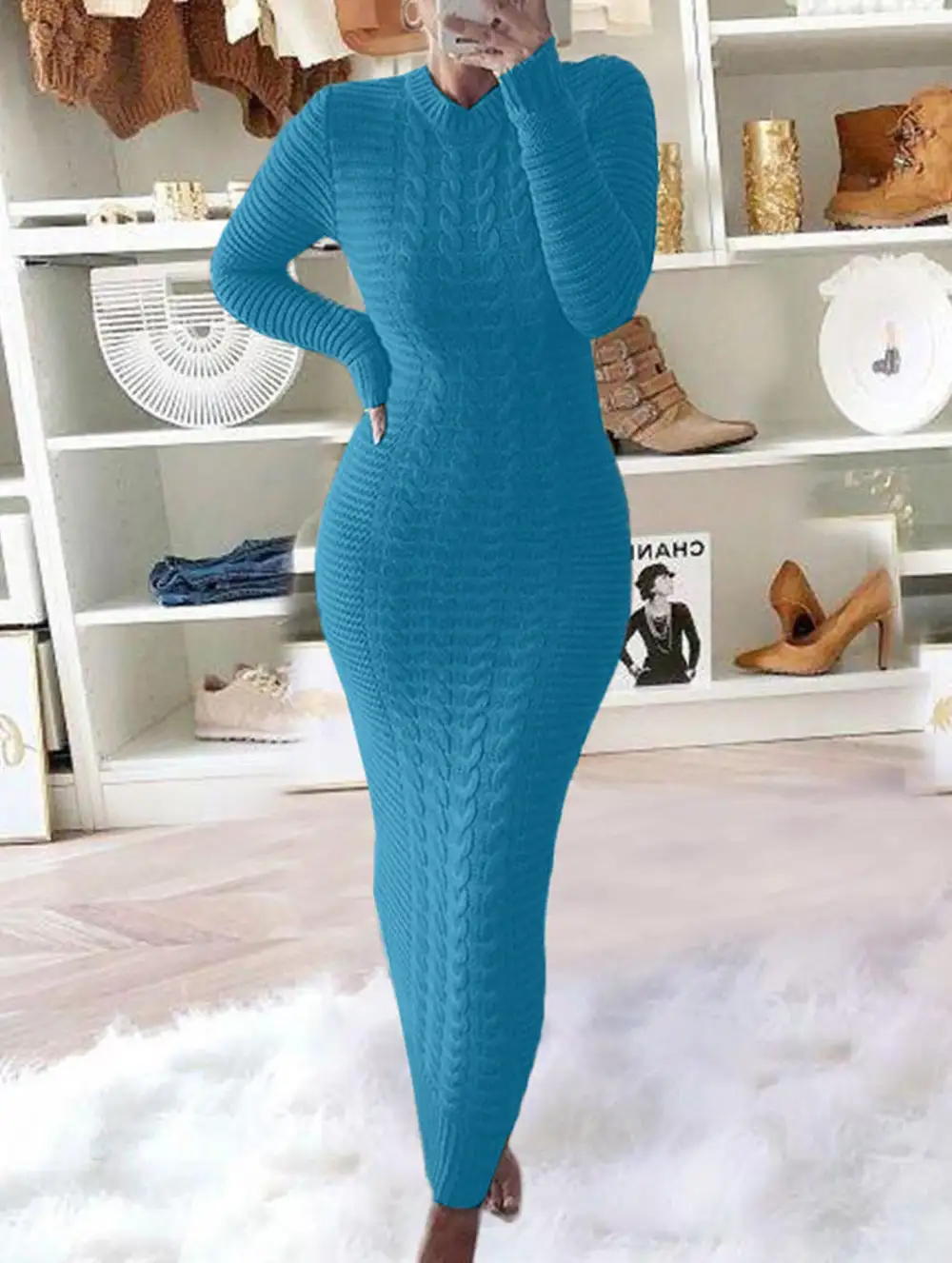 Cable Knit Long-Sleeved Wool Dress