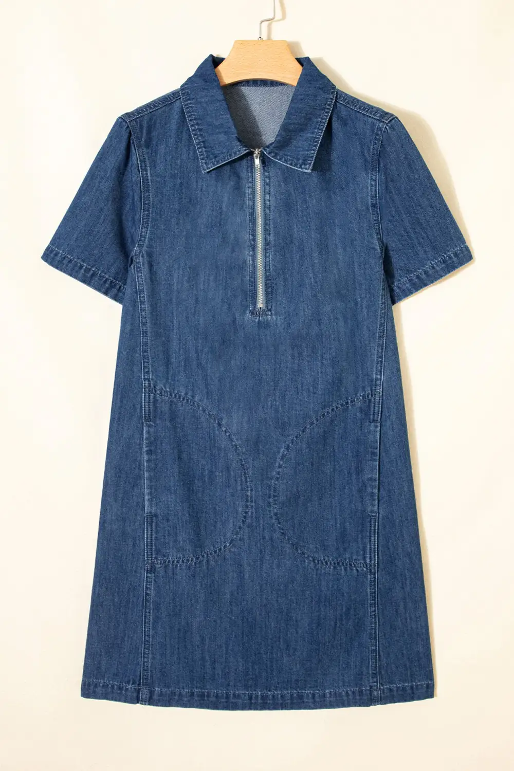 Zip Up Collared Short Sleeve Shift Mini Denim Dress