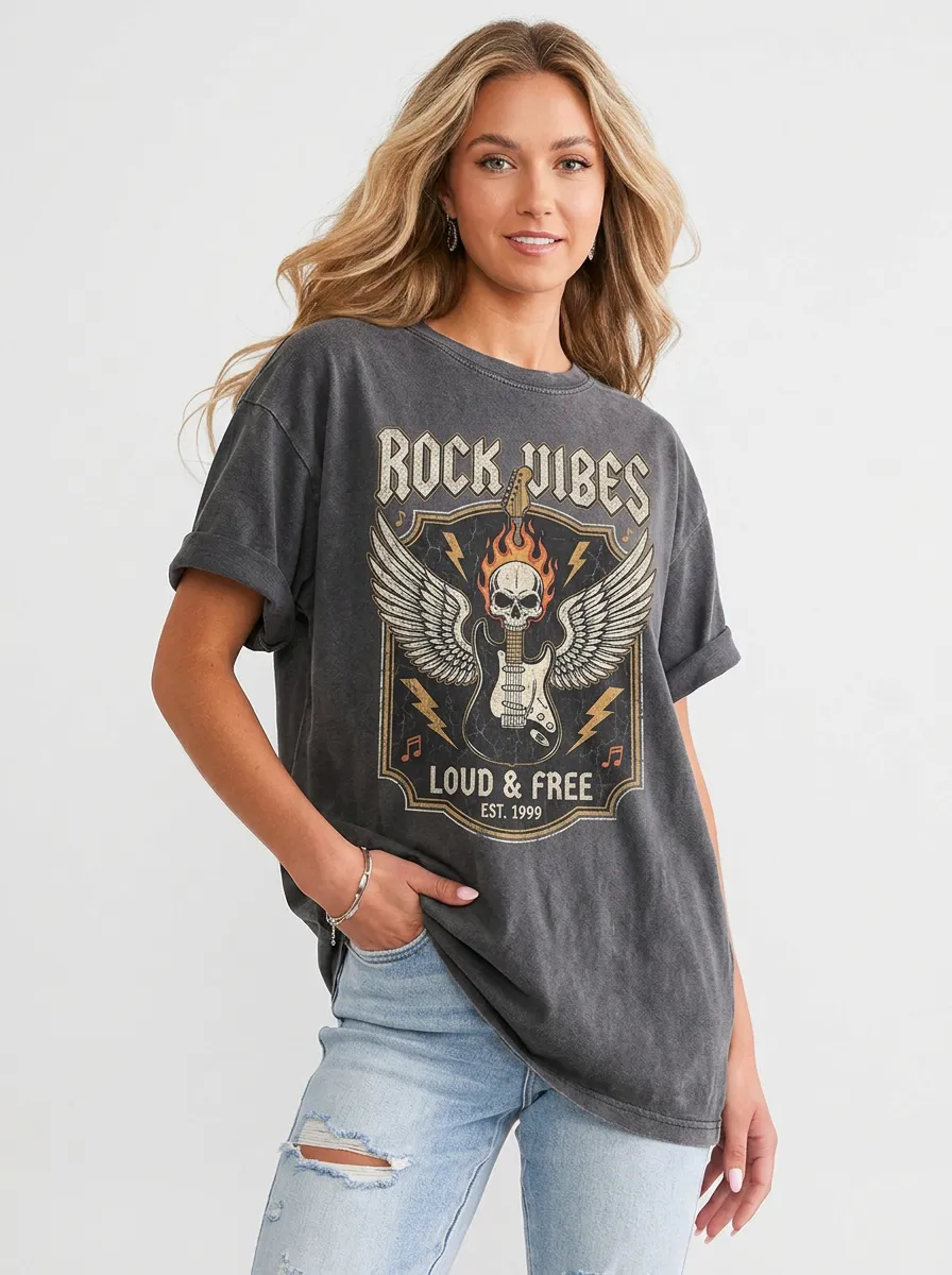 Women's Rock Music Lover Skull Guitar Wings Printed T-shirt